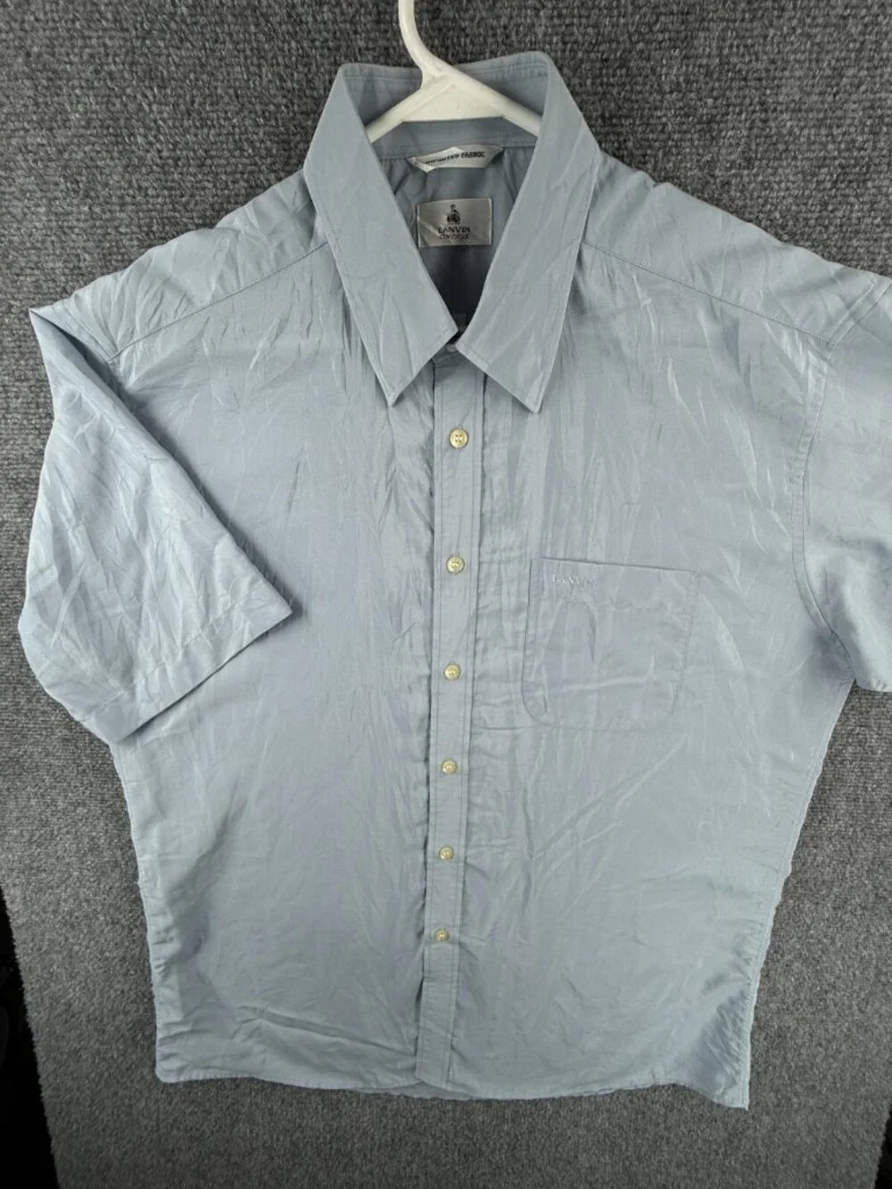 Lanvin Classique Button Up Shirt Blue Short Sleeve Size 42 Men Polyester Shiny